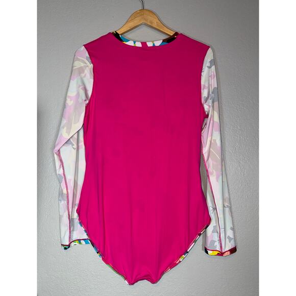 Anne Cole Floral Print Half Zip Rash Guard Swim Shirt Long Sleeve Swimsuit Sz 16 - Picture 6 of 10